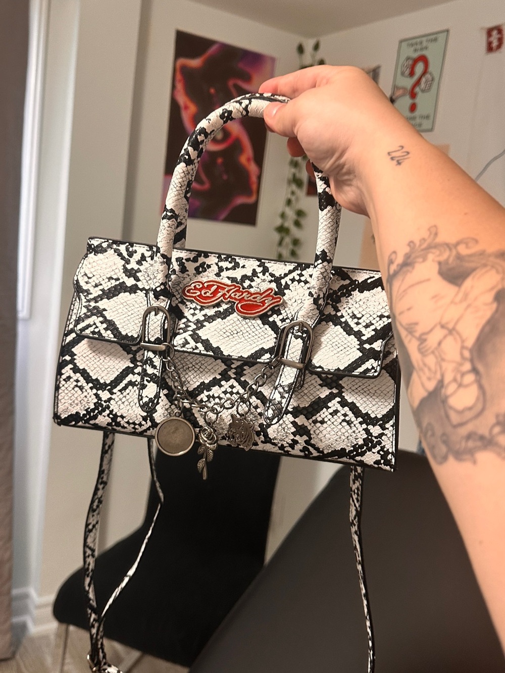 Ed Hardy Black & White Snake Print Crossbody Purse